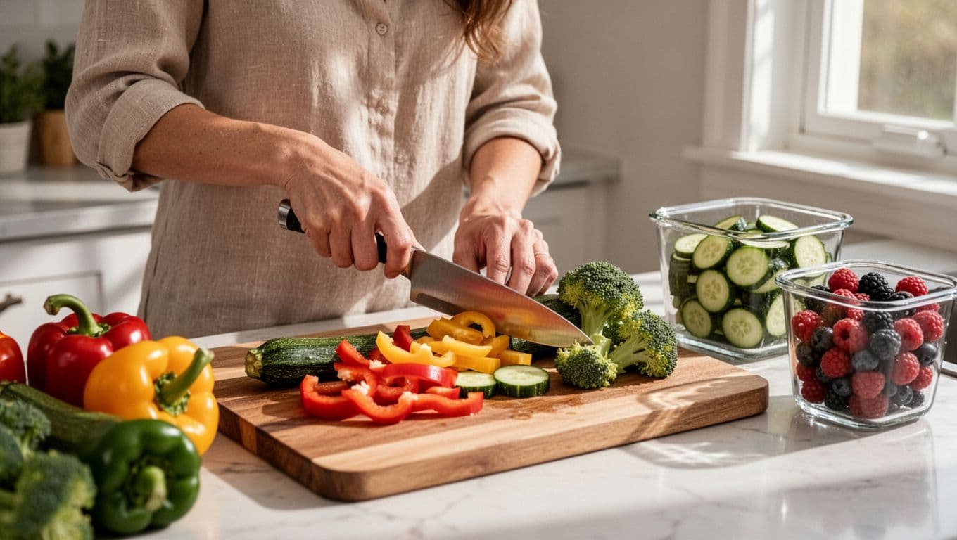 A busy mom chops bell peppers, zucchini, and broccoli on a wooden cutting board in a bright kitchen, surrounded by sliced cucumbers and washed berries in glass containers for easy grab-and-go weekly meal prep.
