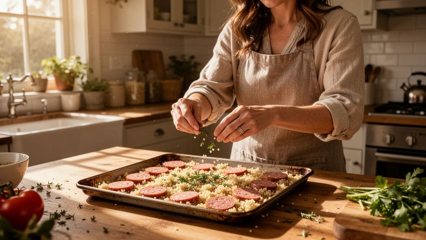 A busy mom in a home kitchen prepares varied dinners from freezer preps, including Greek yogurt bowls with chicken and veggies, breakfast pancakes and eggs, sausage sheet pan with quinoa, and spiced chicken quinoa bowl, in warm lighting with realistic landscape composition.