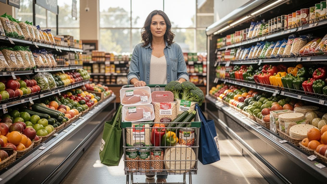 A busy mom in casual clothes pushes a shopping cart filled with essential weekly meal prep staples like chicken breasts, ground turkey, rice, quinoa, broccoli, bell peppers, zucchini, canned beans, eggs, and tortillas through a well-stocked supermarket produce aisle under bright natural lighting.