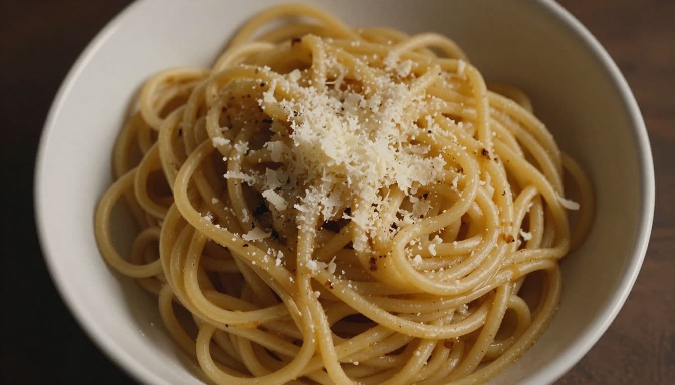 A top-down view shows a white ceramic bowl filled with steaming buttered spaghetti noodles. A generous dusting of freshly grated parmesan cheese covers the center under warm, cinematic lighting.