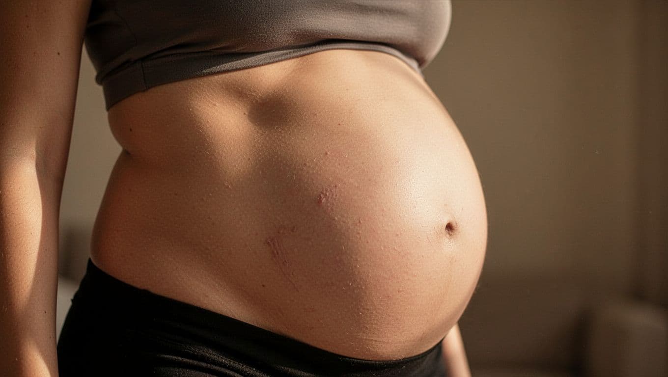 A soft, cinematic side view of a woman's lower abdomen. Warm ambient lighting highlights the natural healing skin texture and the gentle, realistic contour of a recovering c-section incision area.