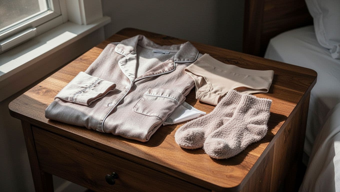 A wooden bedside table holds neatly folded cotton pajamas, seamless underwear, and fuzzy socks for postpartum comfort. Soft daylight illuminates the soft textures while highlighting items designed to protect surgical incisions.