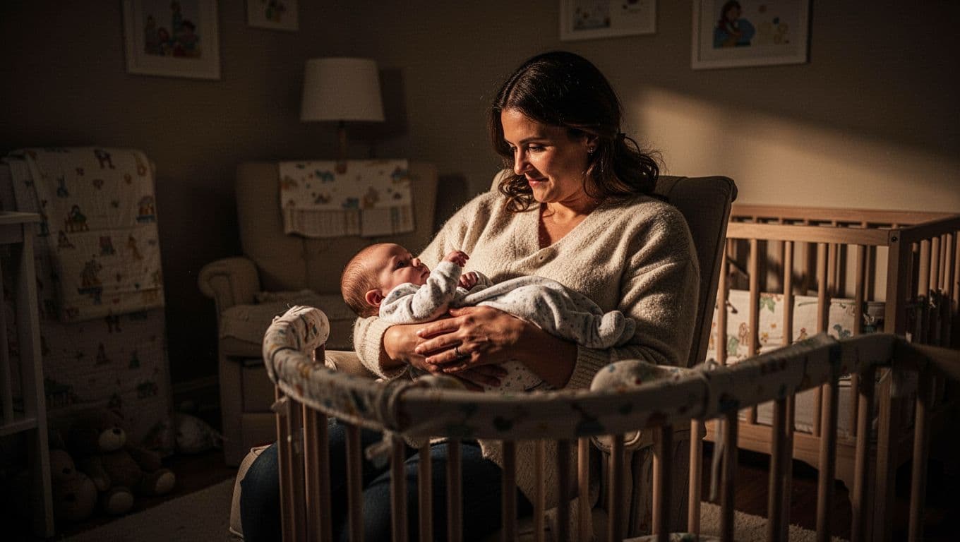 A loving parent cradles a sleeping baby in a dimly lit nursery, surrounded by soft shadows and warm, glowing highlights. A comfortable rocking chair rests against the quiet, peaceful room backdrop.