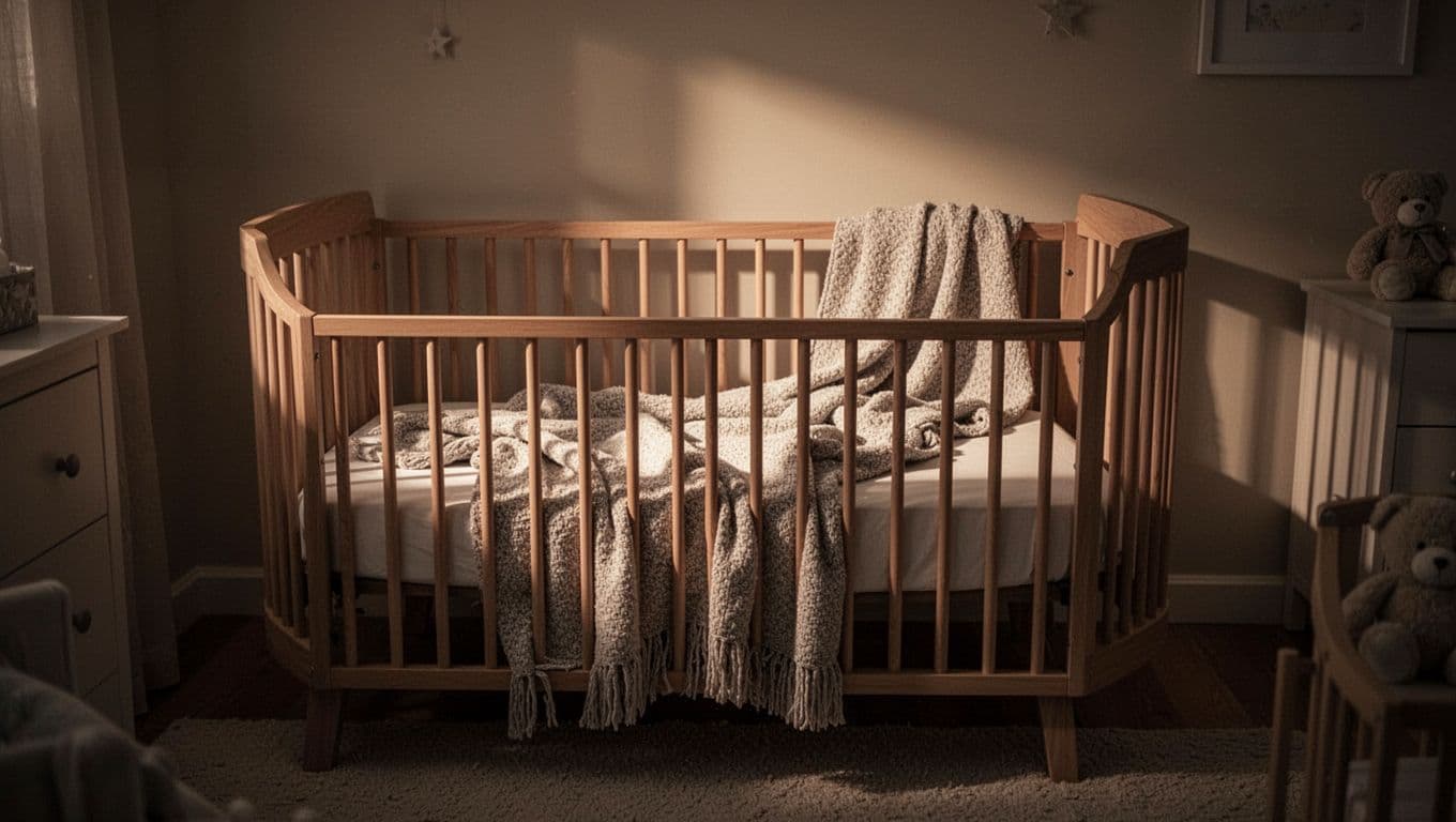 A wooden crib sits centrally in a softly shadowed nursery room featuring warm ambient light. A plush blanket rests inside the bed, creating a tranquil environment perfect for evening sleep training.