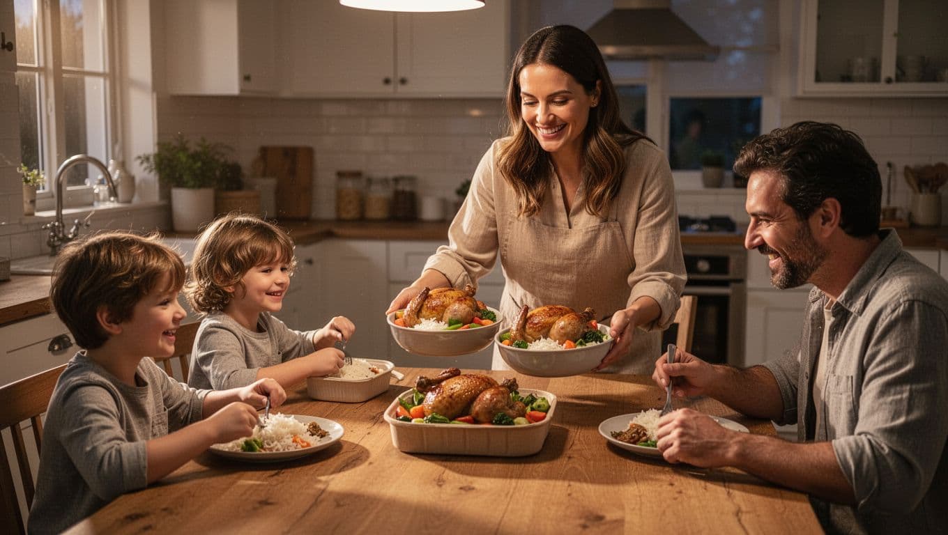 A family of four shares a peaceful dinner at a wooden table in a cozy kitchen, with mom serving rotisserie chicken bowls with veggies and rice from containers, emphasizing family connection in warm evening light.