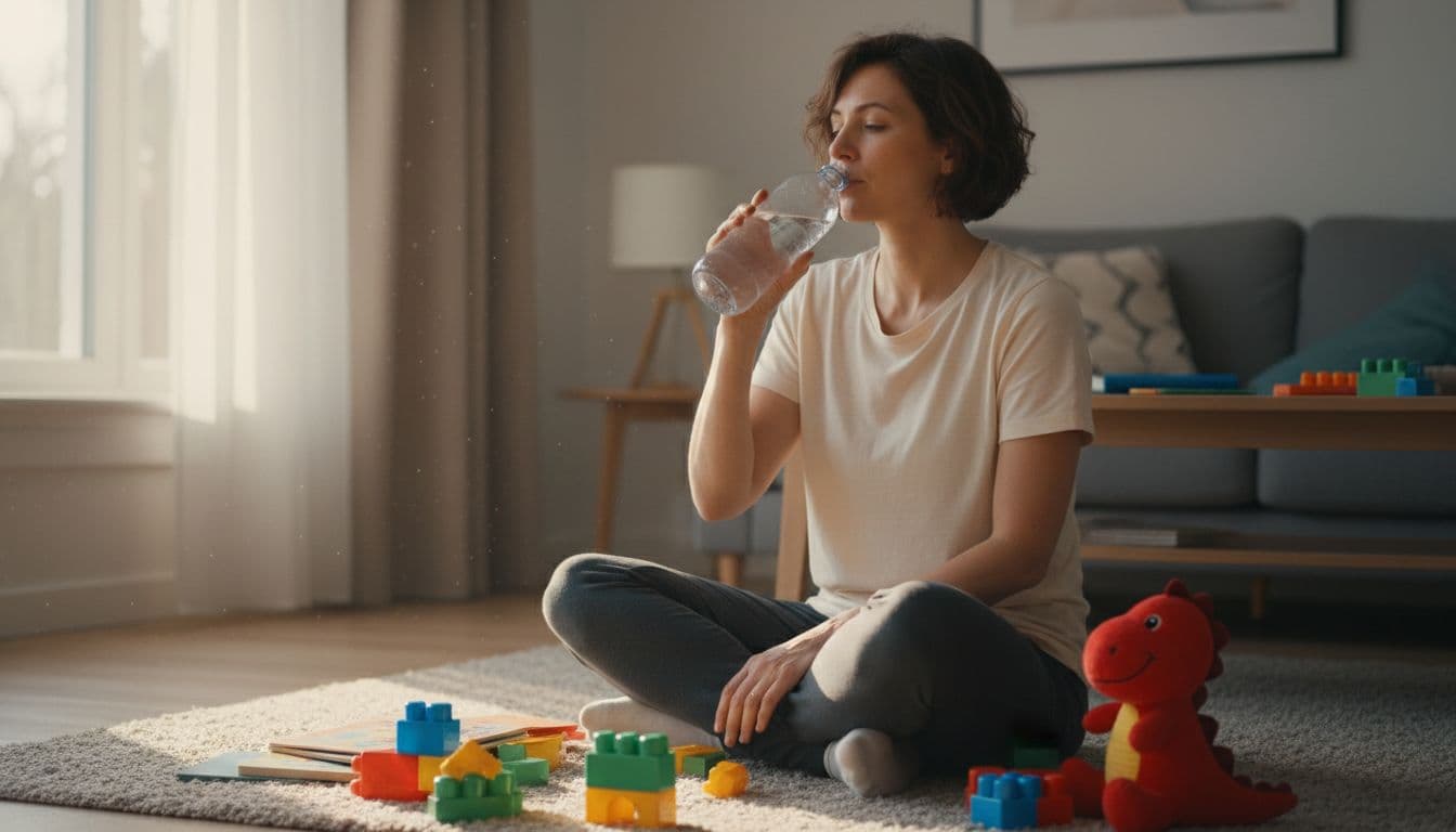 Mid-30s mom with short brown hair in yoga pants drinks from large water bottle on living room floor amid scattered toys and books.