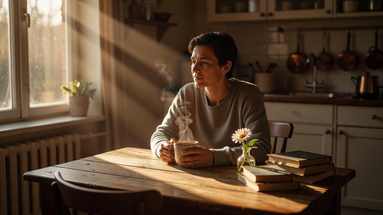 A person sits peacefully at a wooden kitchen table cradling a steaming ceramic mug. Warm golden sunlight streams across the surface, creating high contrast against the softly blurred background of the home.