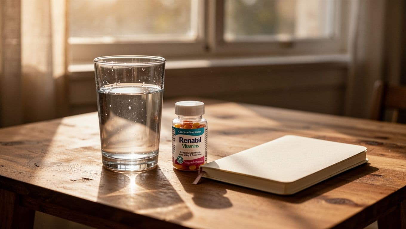 A glass of water, a small prenatal vitamin, and an open journal rest on a rustic wooden table. Warm sunlight streams through a nearby window, illuminating the peaceful and organized setup.