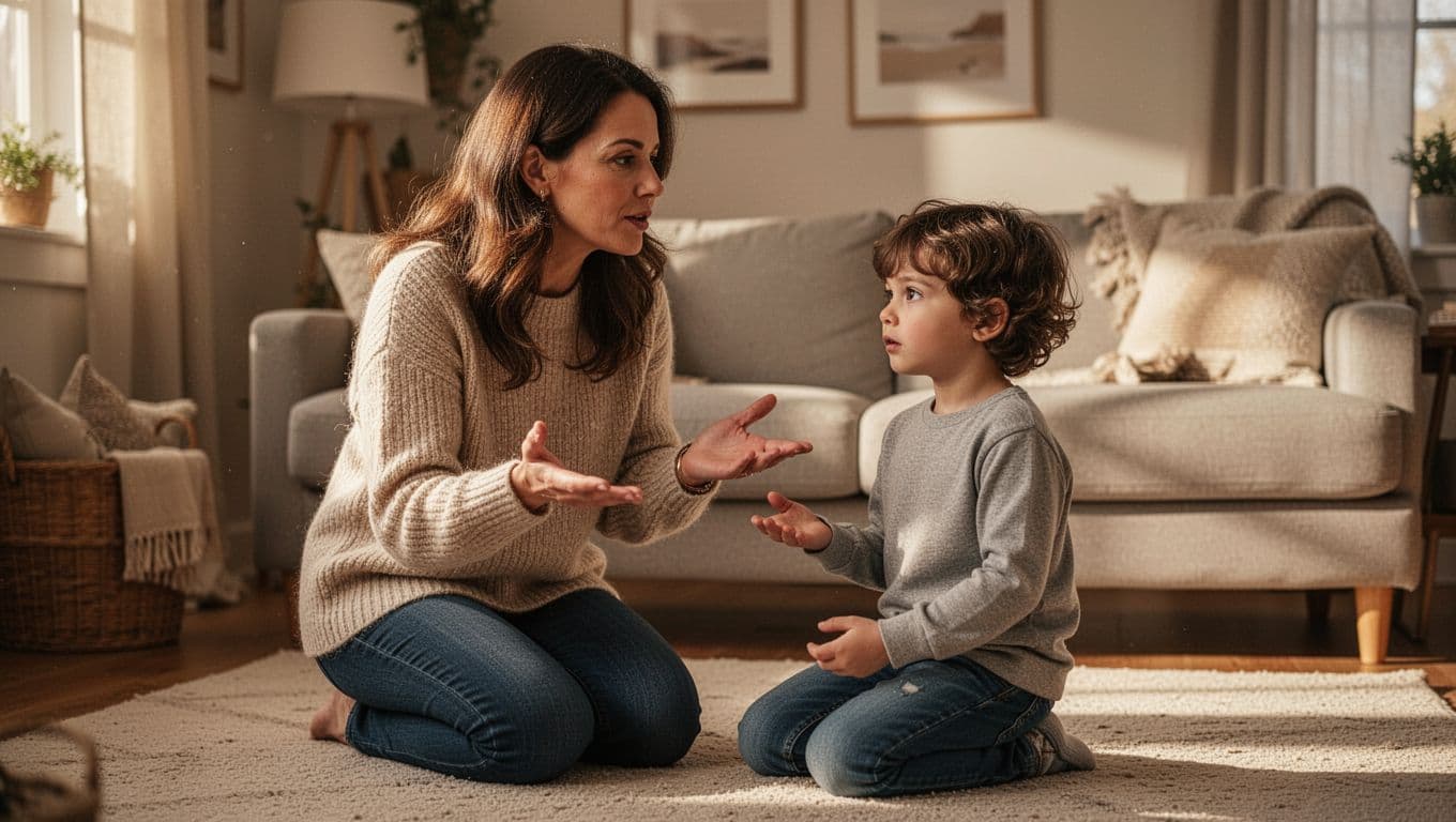 Mother kneels at eye level with young child in living room, both calm, gesturing with open hands.