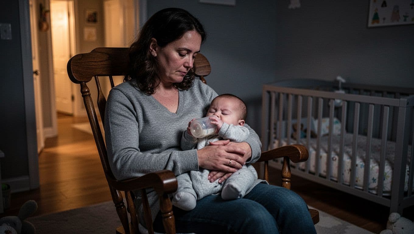 Parent holds drowsy baby with eyes closed suckling bottle in rocking chair in dimly lit nursery.
