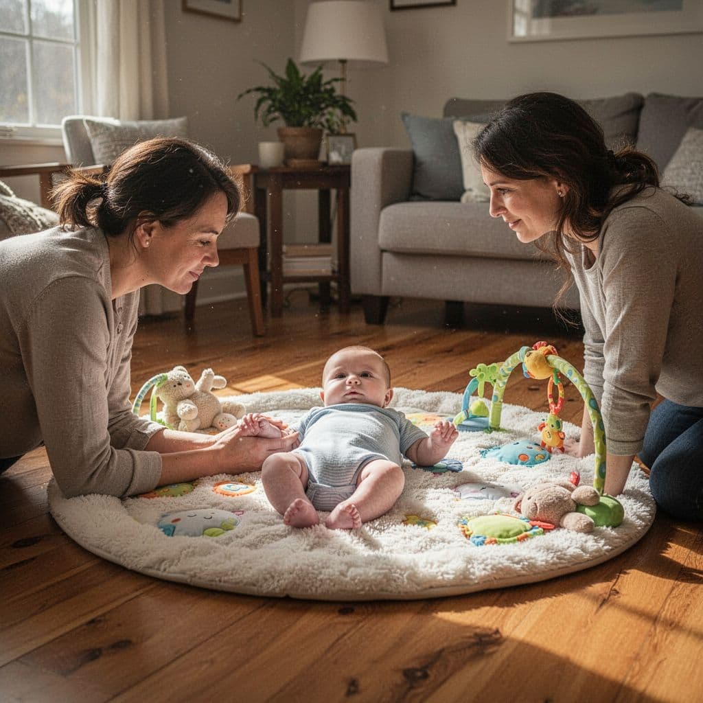 Parent watches baby lying on soft play mat in sunlit living room.