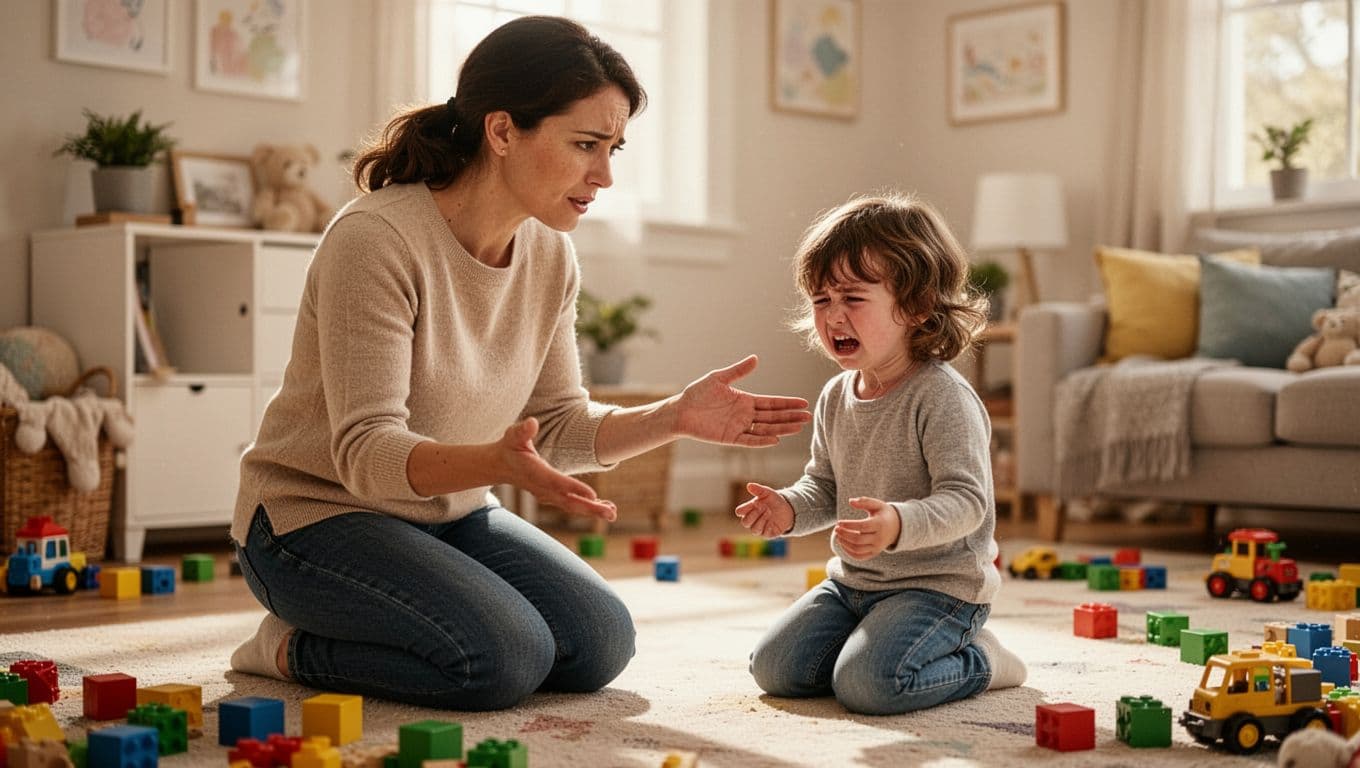 Parent kneels at eye level to upset child with open arms and gentle expression in playroom with scattered toys.
