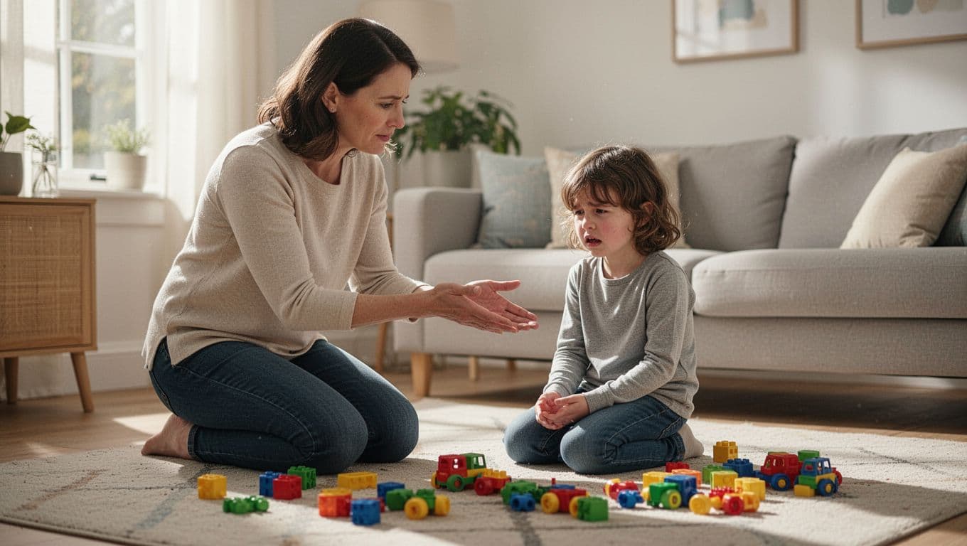 Parent kneels calmly beside upset child in living room, offering open hand amid scattered toys.