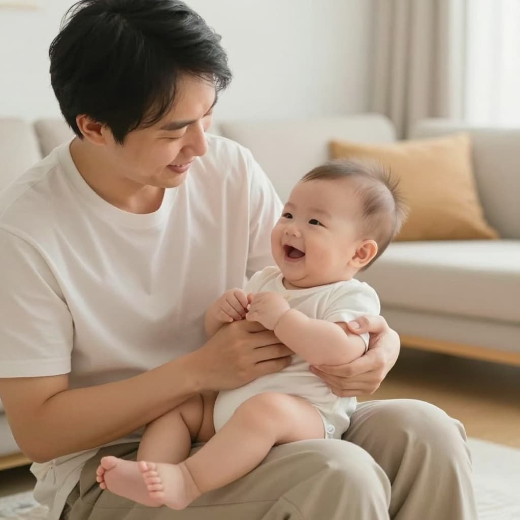 Parent holds smiling infant in bright cozy living room.
