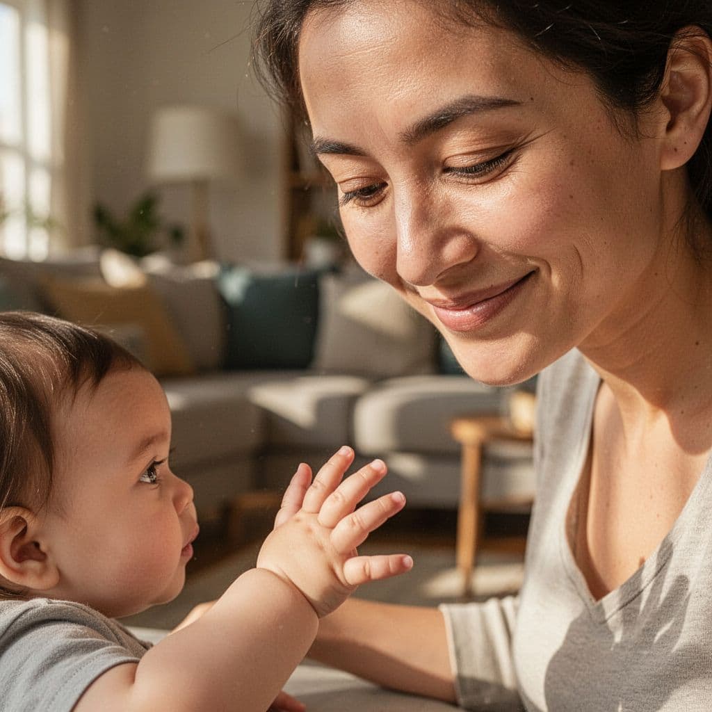 Close-up of parent's calm smiling face looking down at toddler's small reaching hand in warm lit living room.