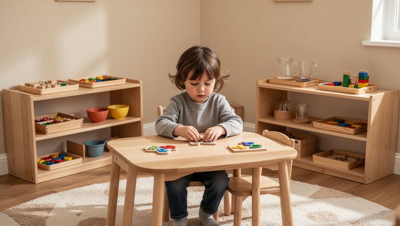 Bright home corner features low shelves with few activity trays and a child-sized table where a 4-year-old focuses on a task.