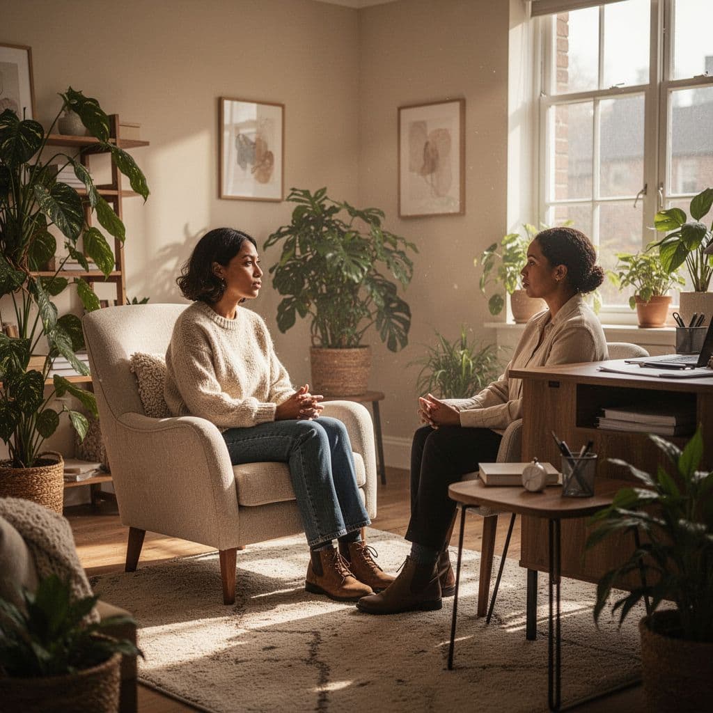 A person sits comfortably in a plush armchair inside a sunlit office filled with lush green plants. Soft shadows fall across the room, creating an inviting space for supportive mental health sessions.