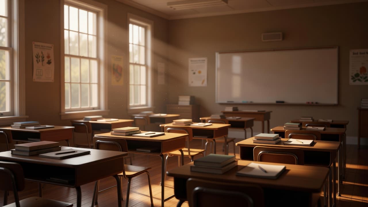 Rows of neatly arranged wooden student desks sit under glowing sunlight streaming from large windows. The tidy room maintains a peaceful, cinematic atmosphere filled with quiet potential and academic focus.