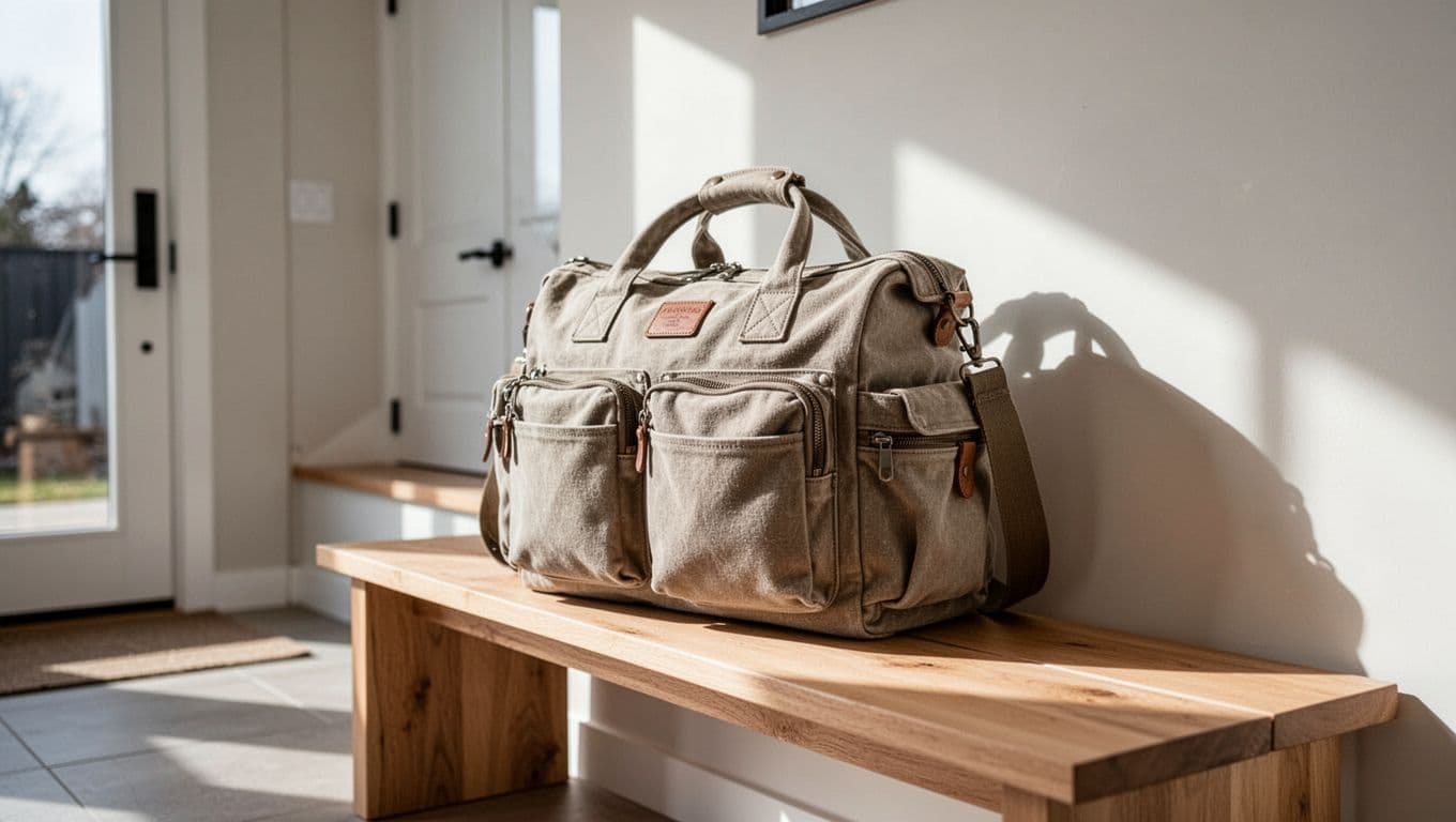 A sturdy neutral-colored canvas bag with numerous outer compartments rests on a sleek white bench. Soft, dramatic light highlights the bag's durable texture within a minimalist and modern home entryway.