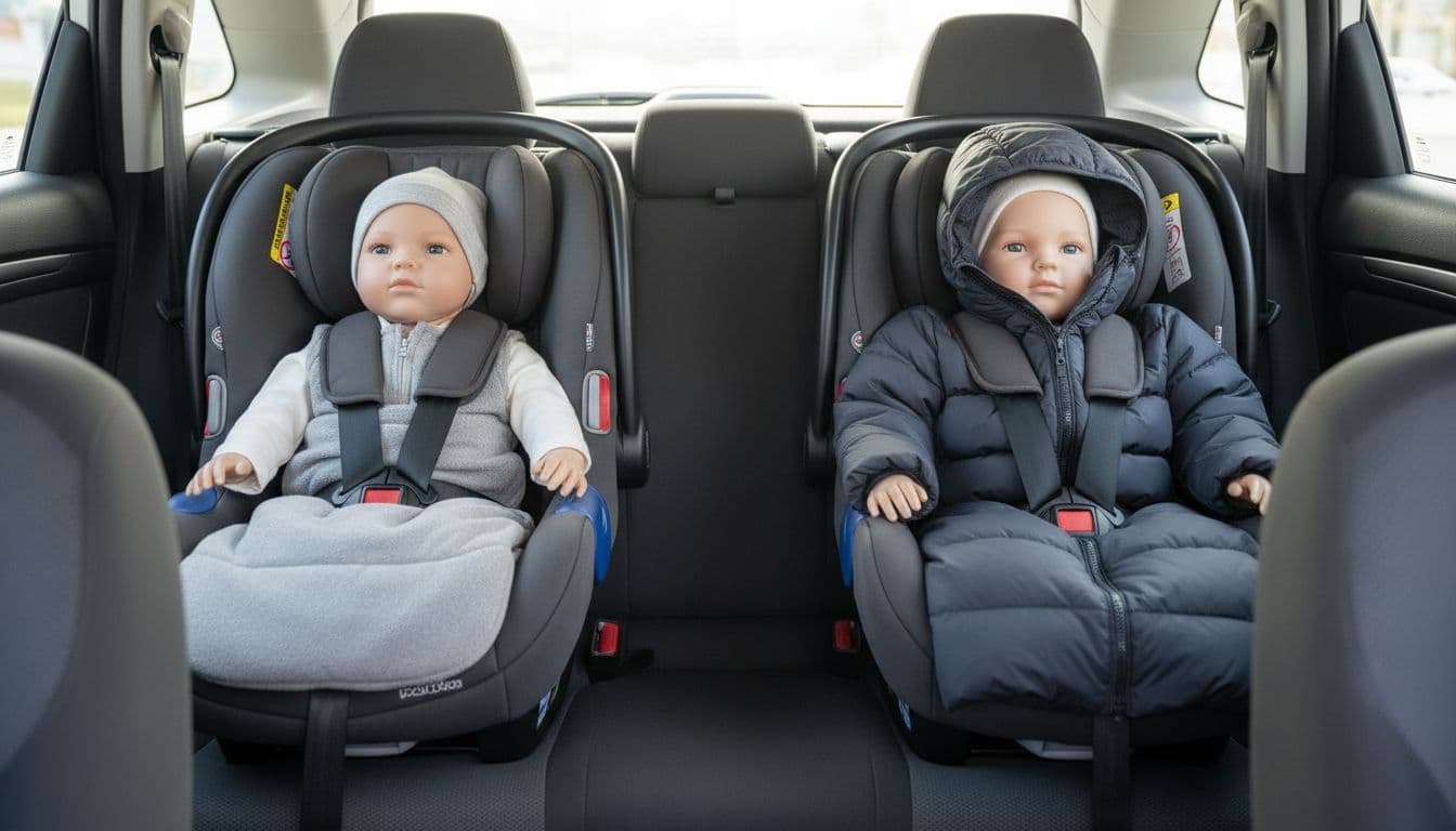 Side-by-side realistic photo in car back seat of rear-facing infant car seats with baby mannequins: safe thin layers properly fitting harness versus unsafe bulky puffy coat compressing straps, natural daylight, no people text or logos.
