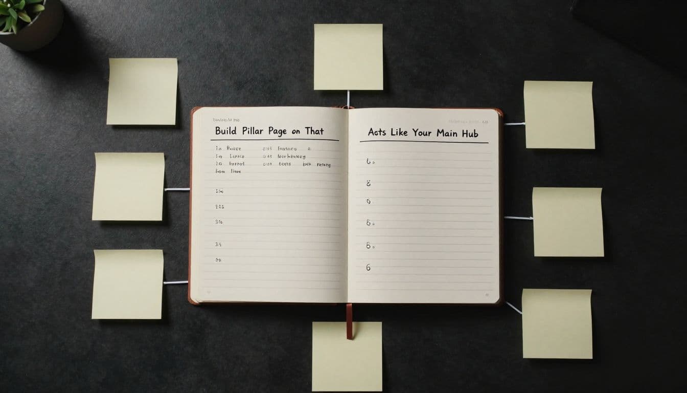 A top-down view shows an organized central notebook resting on a clean desk surface, surrounded by various sticky notes connected by thin lines to represent a complex web of information.