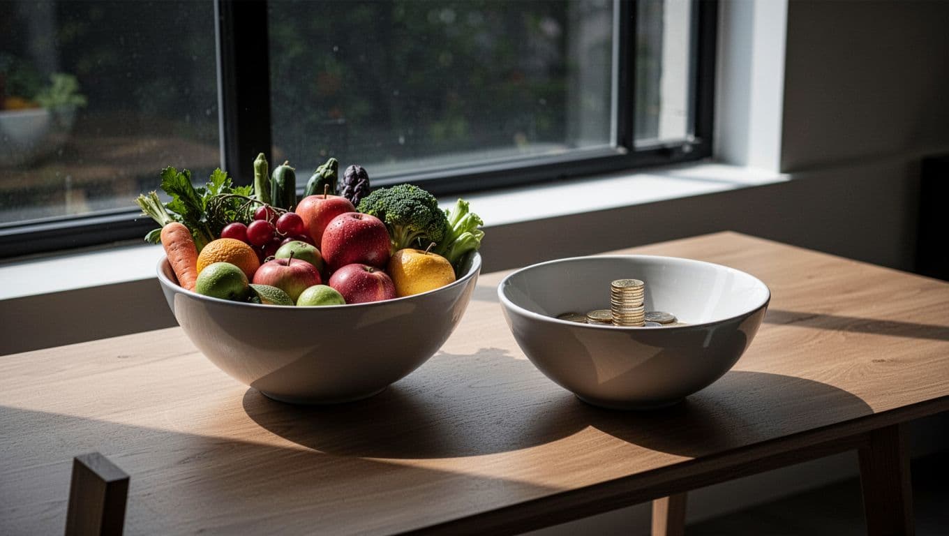 Three matte ceramic bowls rest on a light wood surface, containing fresh fruit, a small globe souvenir, and a stack of coins. Bright natural light creates sharp shadows across the grain.