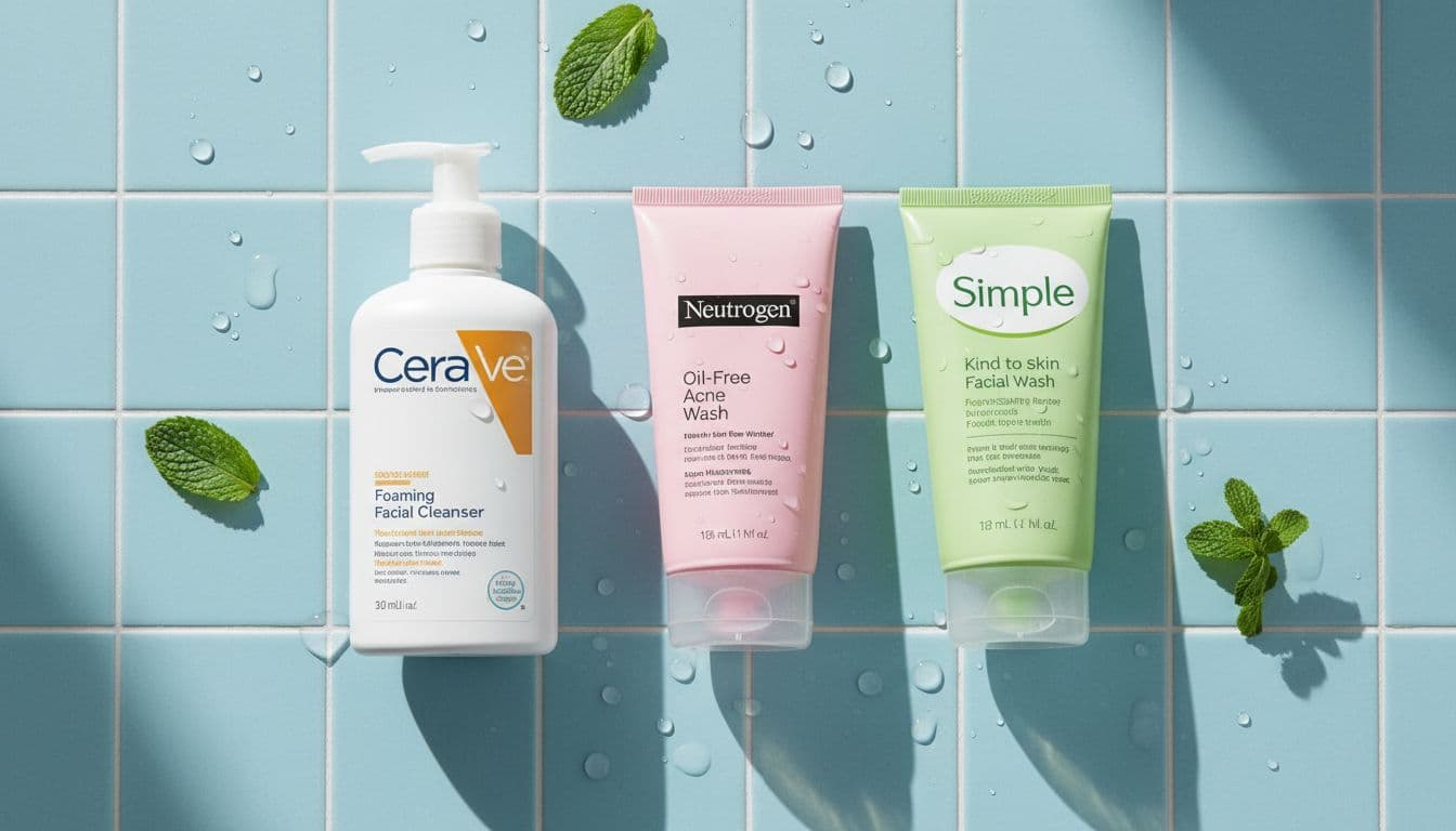 Close-up flatlay of three popular affordable face cleansers for teens: CeraVe Foaming Facial Cleanser white pump bottle, Neutrogena Oil-Free Acne Wash pink tube, and Simple Kind to Skin Refreshing Facial Wash green tube, on a light blue tiled bathroom sink with water droplets and mint leaves.