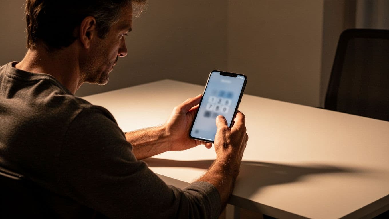 A person sits at a sleek minimalist desk illuminated by warm, dramatic light while focusing on a glowing smartphone screen. The composition emphasizes their thoughtful posture during a financial review session.