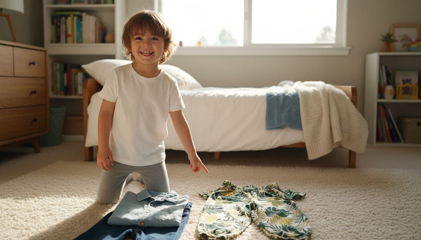 A happy 5-7 year old child stands smiling in a cozy sunlit bedroom, pointing at one of two simple outfit options laid out on the bed, promoting empowerment through choice.