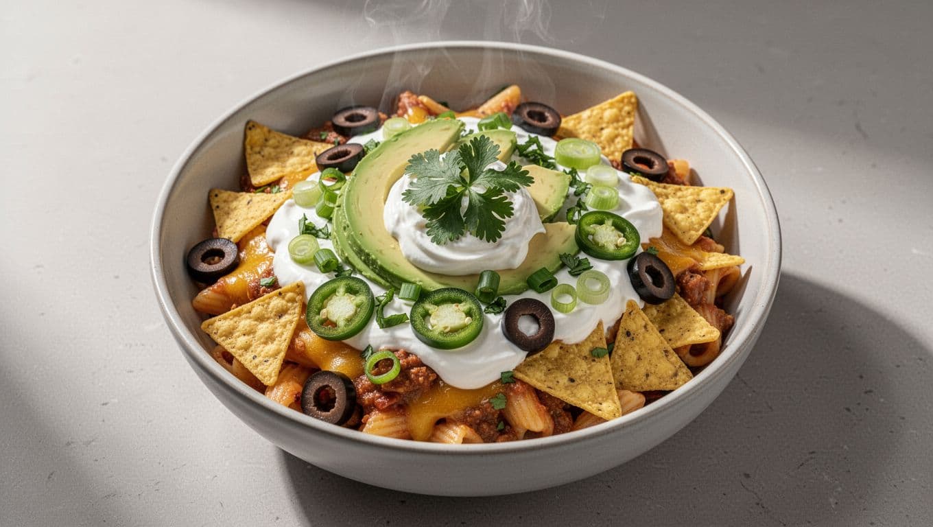 Overhead view of cheesy taco pasta bowl topped with sour cream dollops, avocado slices, cilantro, jalape&ntilde;os, green onions, olives, and crushed tortilla chips.
