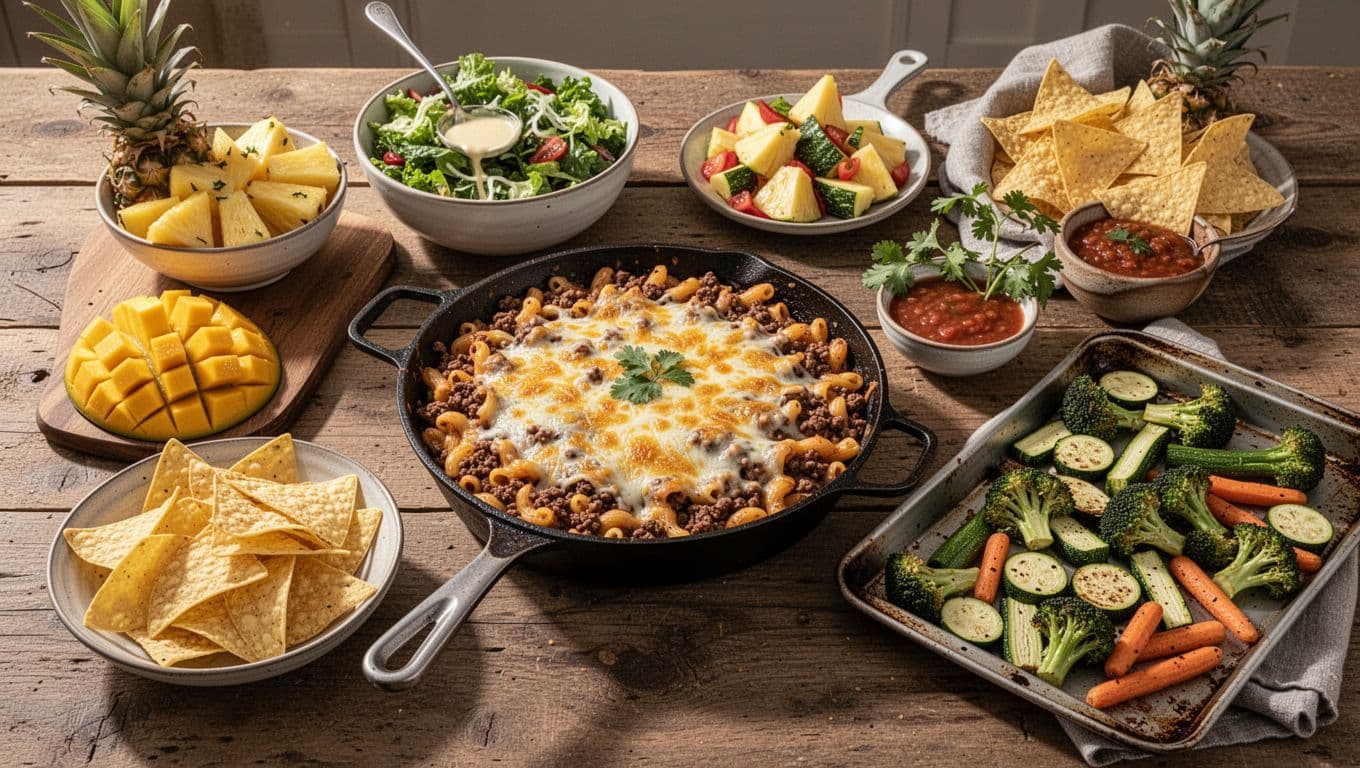 Rustic wooden table with central cheesy taco pasta skillet, green salad, fruit platter, tortilla chips with salsa, roasted vegetables.
