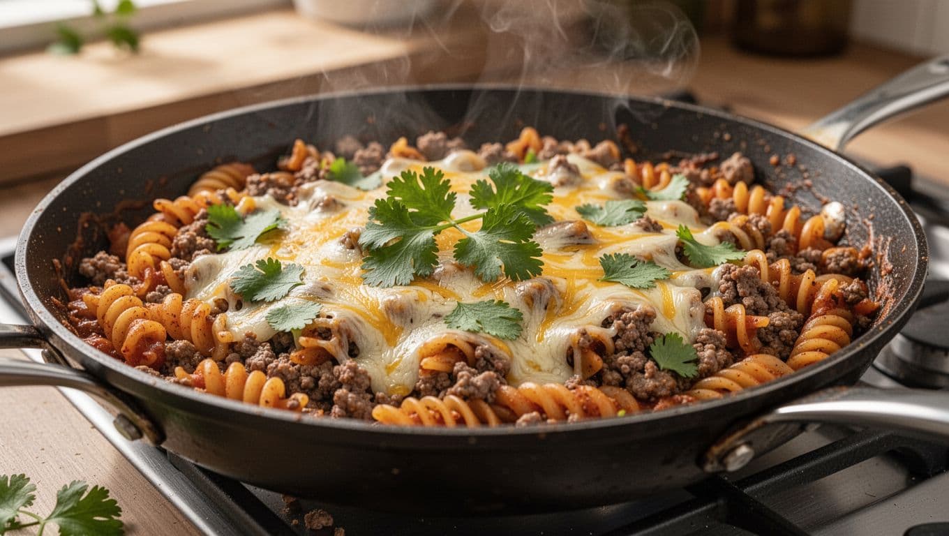 Skillet of creamy taco pasta with melted cheese stirred in, coating rotini and beef, garnished with cilantro.