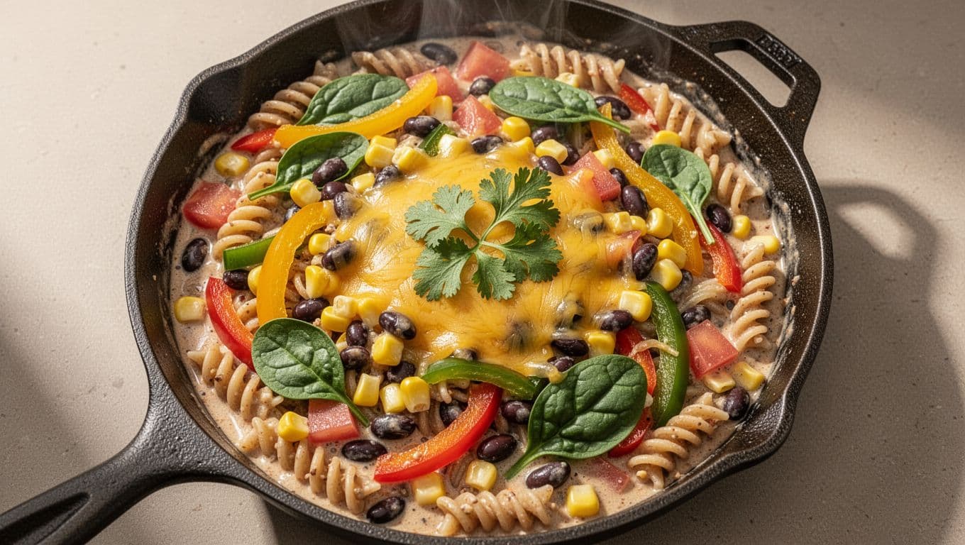 Overhead view of cast-iron skillet with rotini pasta, bell peppers, corn, black beans, spinach, tomatoes in sauce, melted cheddar, cilantro, steam rising.