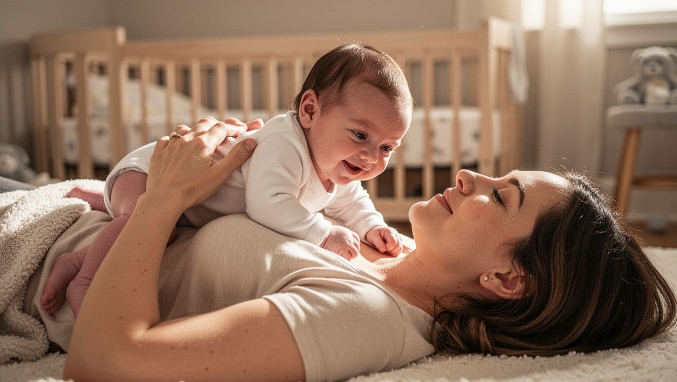 Parent lies on back in cozy nursery holding smiling newborn on chest.