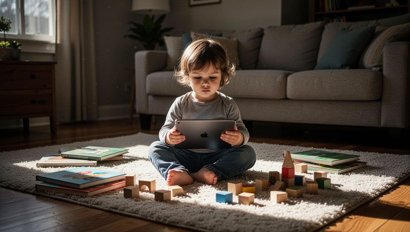 A young child sits cross-legged on a plush rug within a sunlit living room. They hold a tablet while wooden blocks and colorful picture books are scattered across the floor nearby.