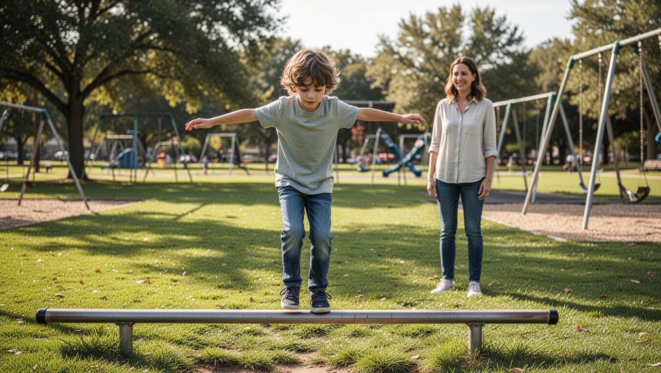 9-year-old child balances on low playground beam with arms outstretched, parent watches encouragingly from ground in sunny park.