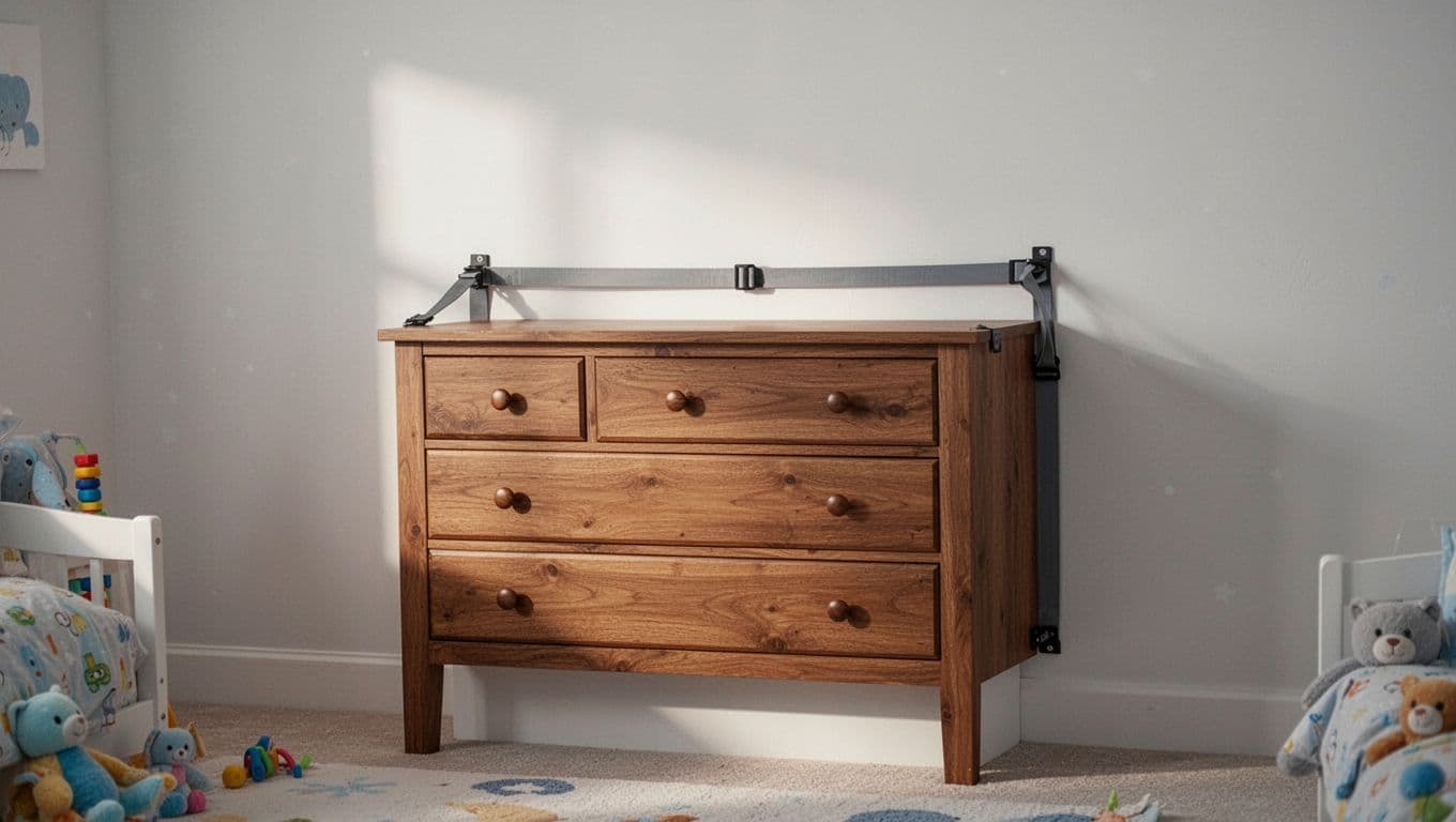 A sturdy wooden dresser sits against a clean white bedroom wall, featuring a subtle nylon safety strap securely fastened to the wall stud. Soft ambient light illuminates the stable furniture arrangement.