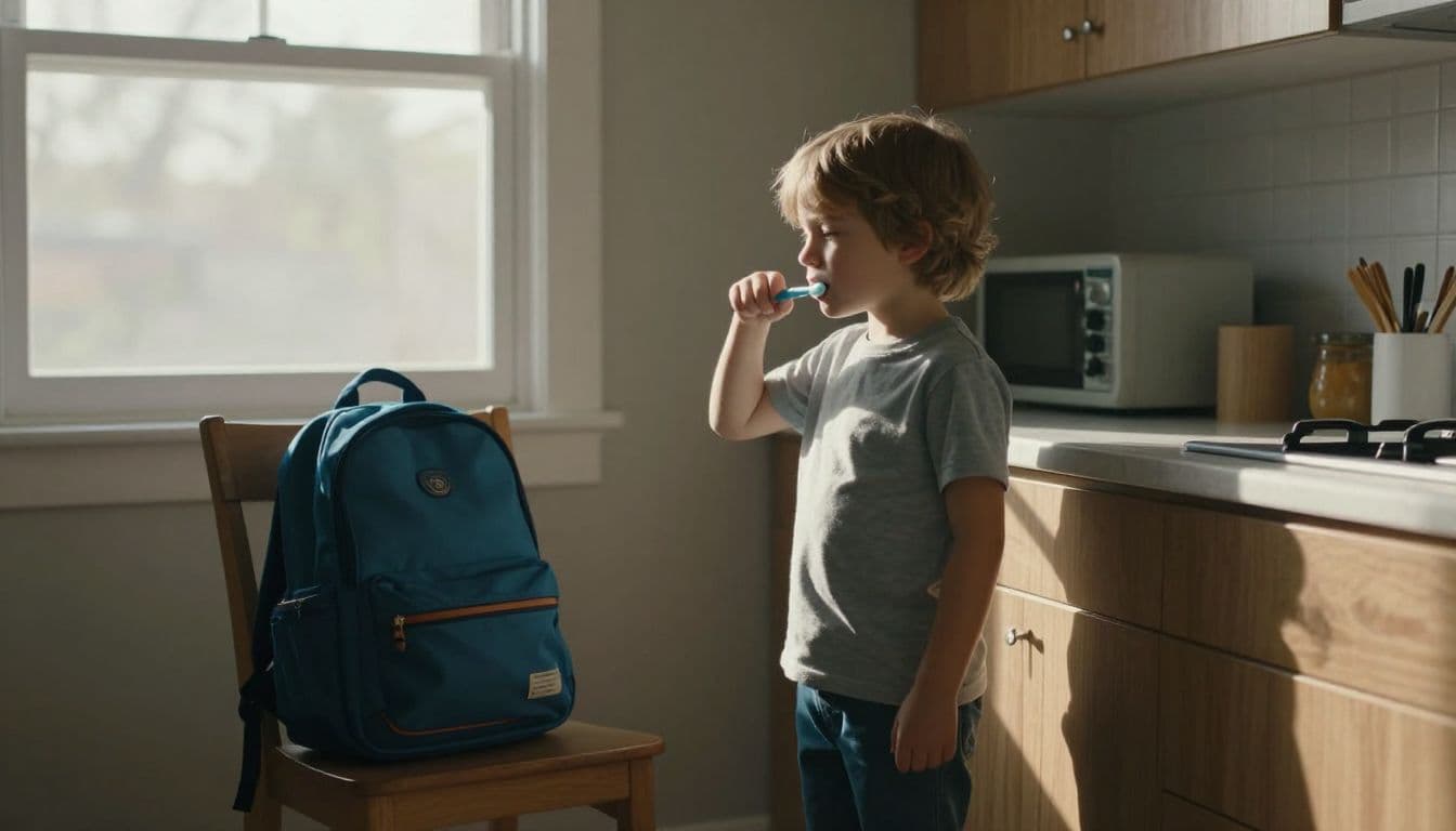 A young child stands at the kitchen counter brushing their teeth under bright morning light. A packed school backpack rests on a wooden chair, signaling a prepared start to the day.