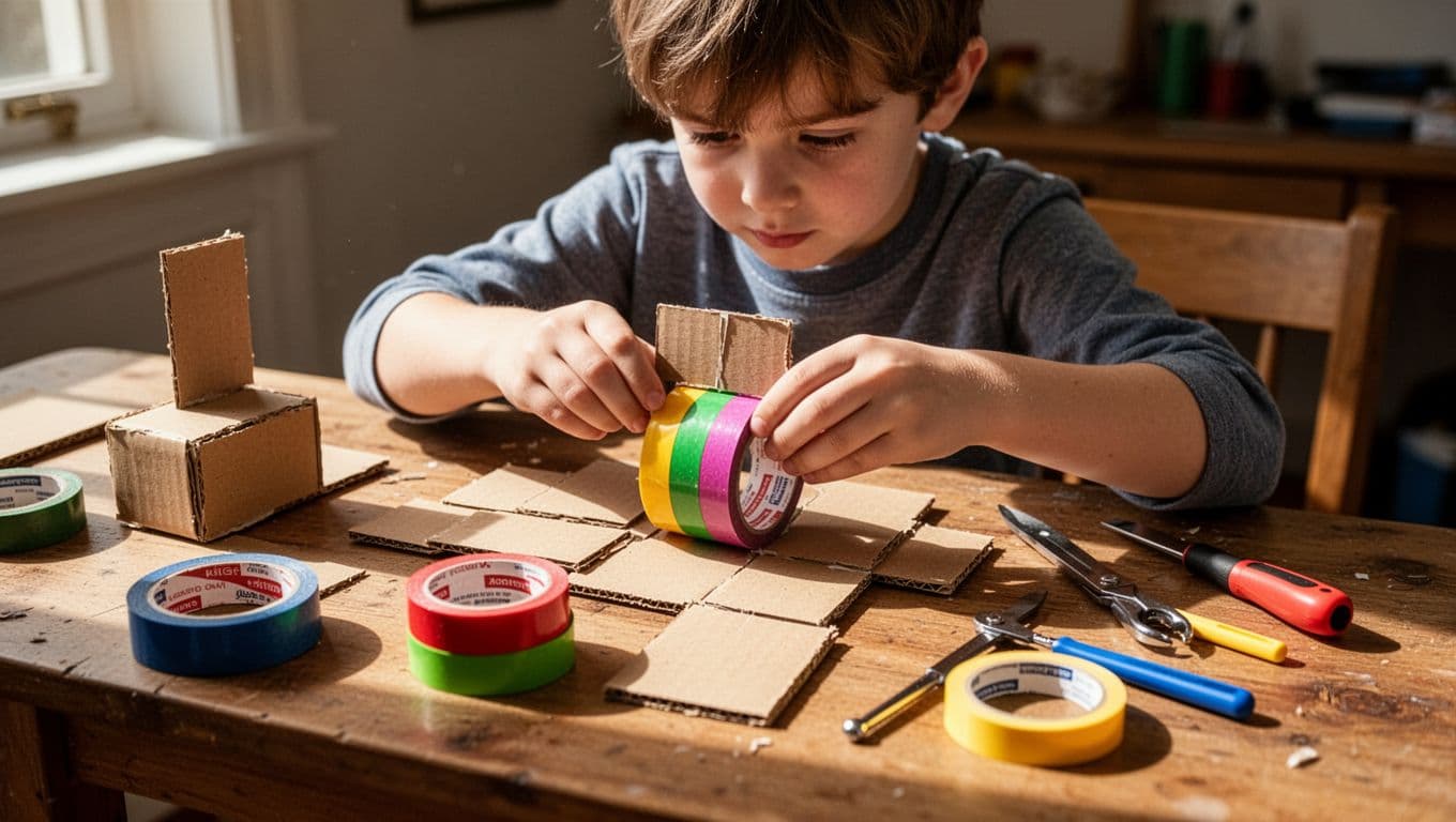 A focused child works at a wooden desk cluttered with cardboard scraps, vibrant rolls of tape, and basic hand tools. Warm indoor lighting highlights their intense concentration on the craft project.