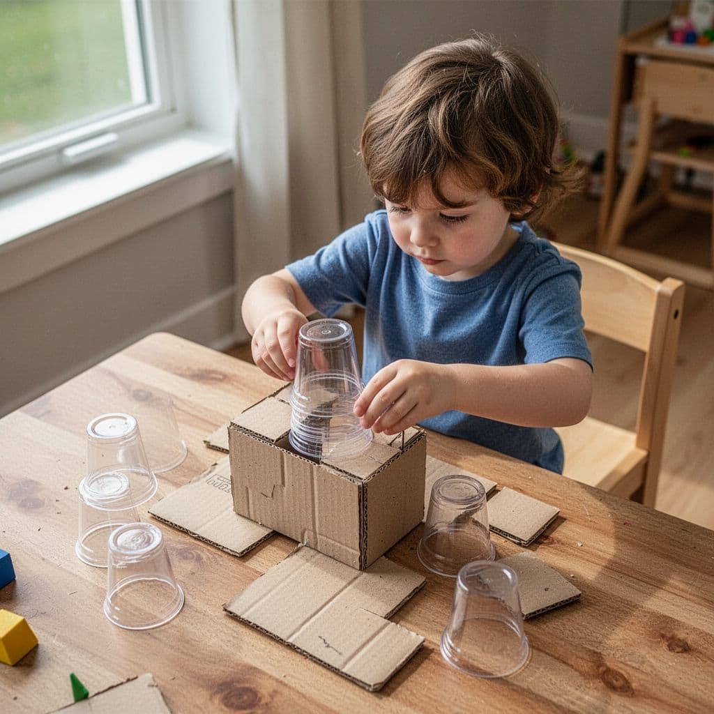 Top-down view of young child at wooden table stacking plastic cups and cardboard scraps into structure.