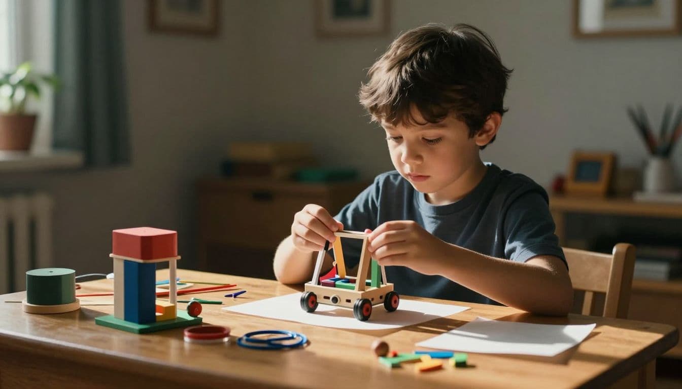 A young child sits at a rustic wooden table, carefully assembling a complex device using cardboard, bottle caps, and plastic scraps. Warm golden sunlight streams across the creative, busy workspace.
