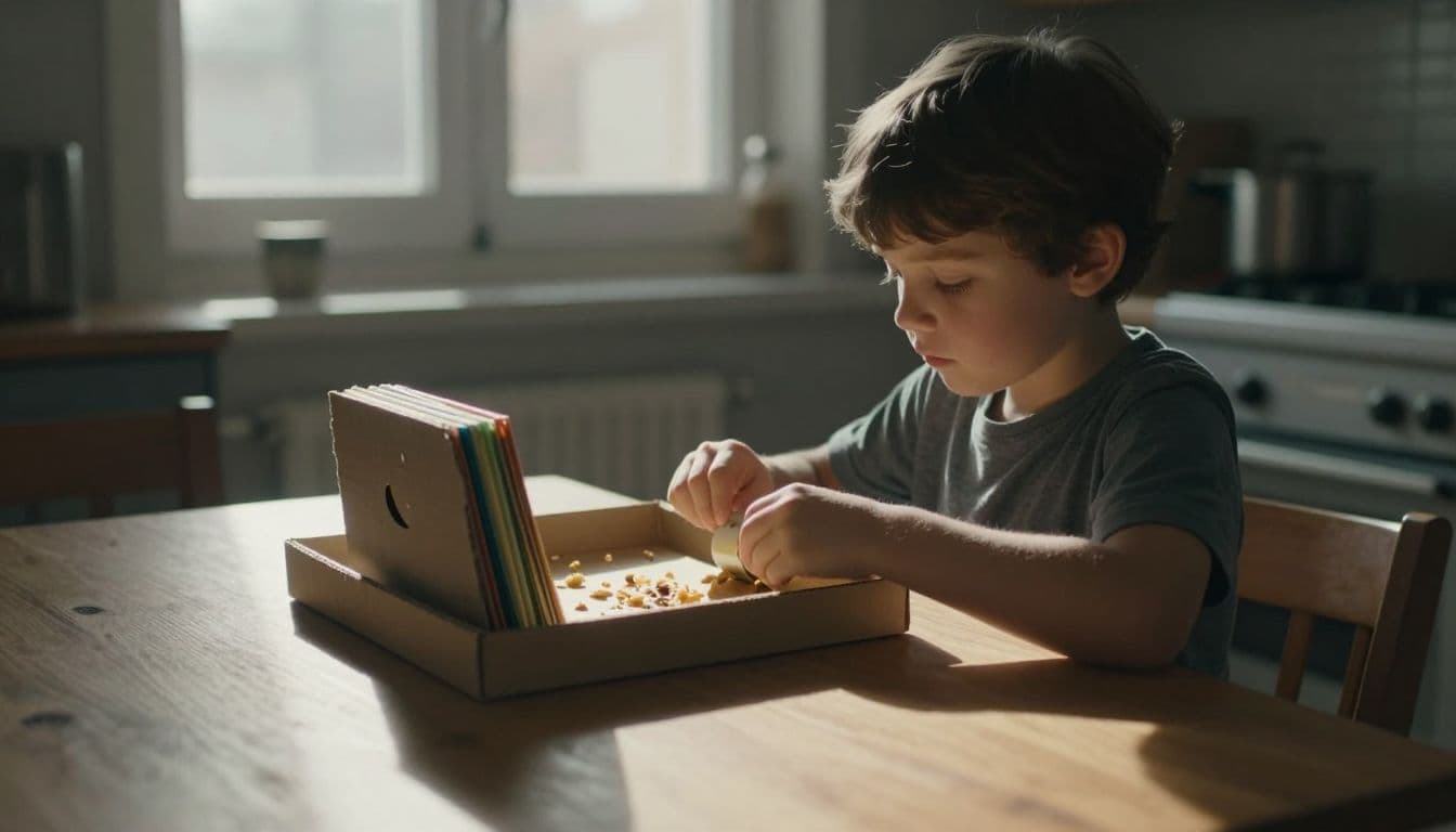 A focused young child sits at a wooden kitchen table, carefully attaching strips of tape to a cardboard structure. Golden afternoon sunlight streams through the window, highlighting the craft project details.