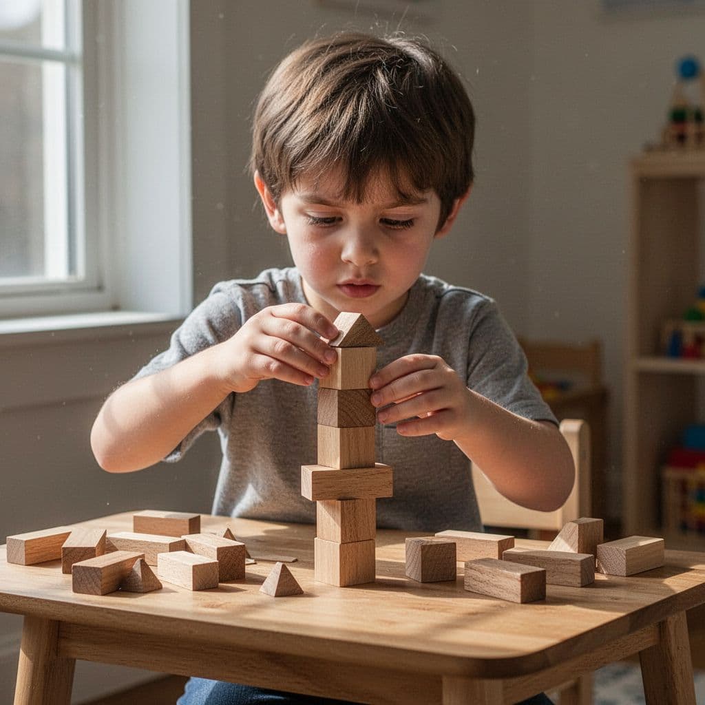 A focused 6-year-old child builds a tower with wooden blocks and cardboard on a low wooden table.