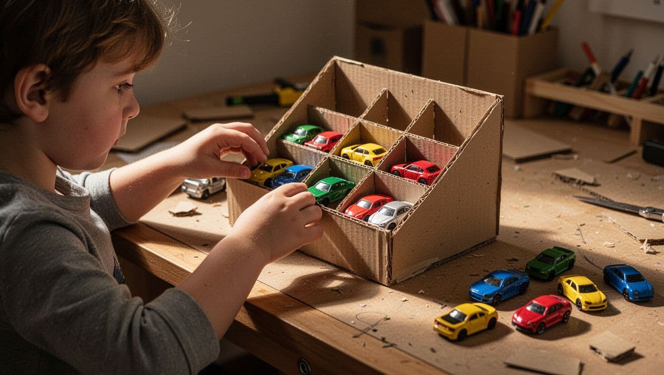 A focused young child sits at a craft desk assembling a custom cardboard cleaning station for tiny toy cars. Various colorful vehicles sit scattered across the workbench under warm indoor lighting.