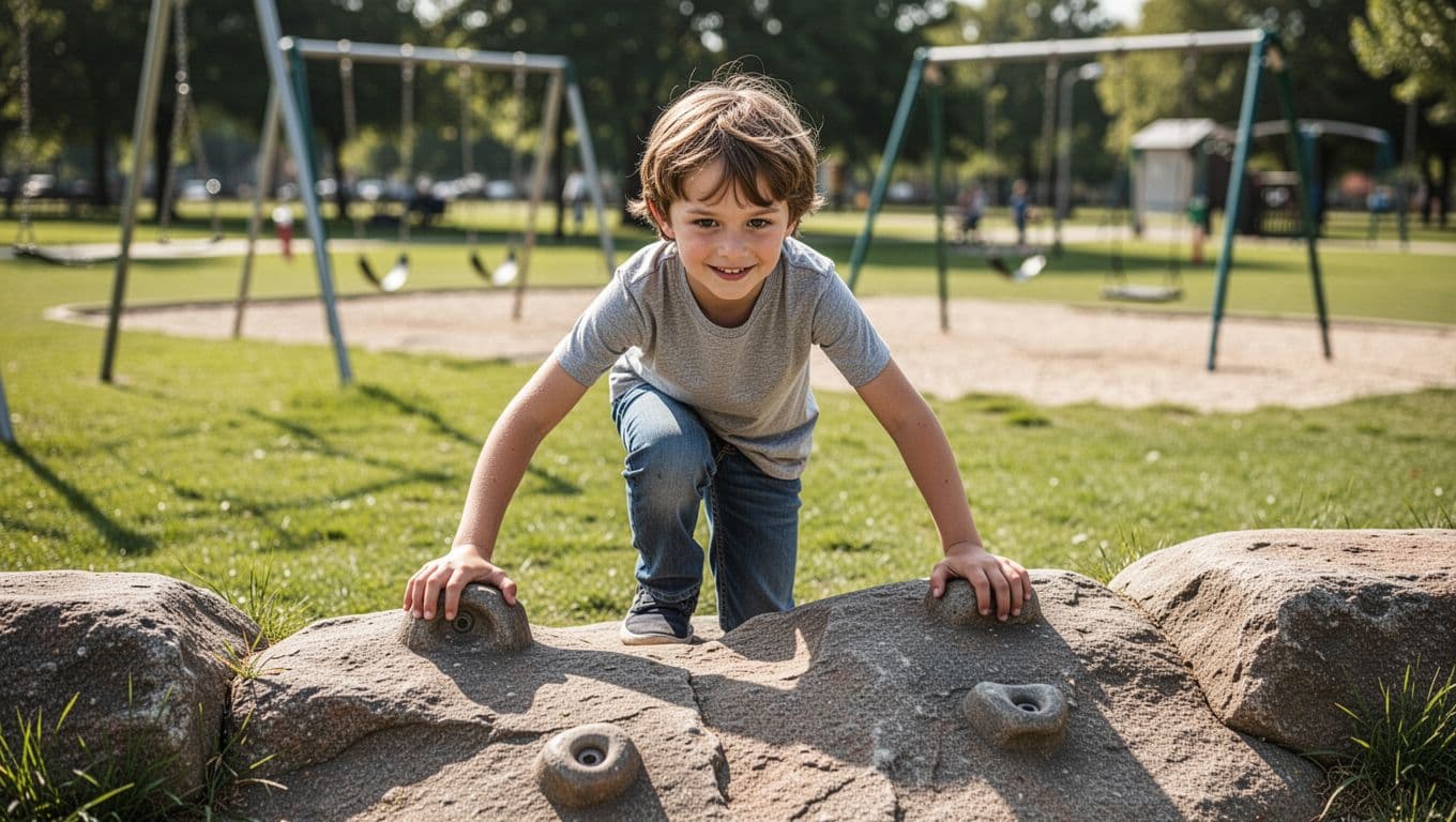 A 9-year-old child mid-stride climbs a low rock wall in a sunny park playground with focused expression.