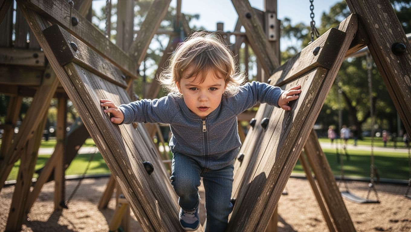 A young child grips the rungs of a rustic wooden playground structure with intense focus. The warm sunlight highlights their concentrated expression as they prepare to climb to the next level.