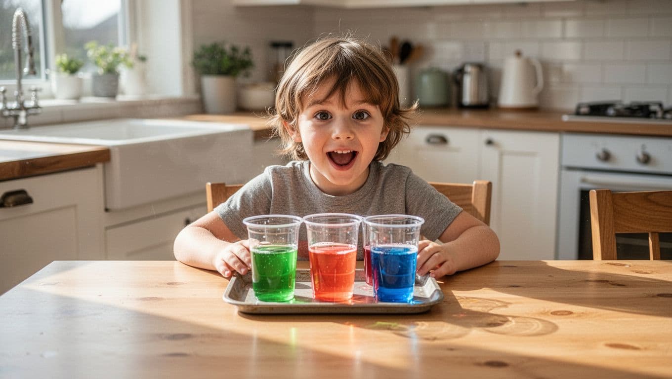 Six-year-old child at wooden kitchen table looks excitedly at colorful liquids in plastic cups.