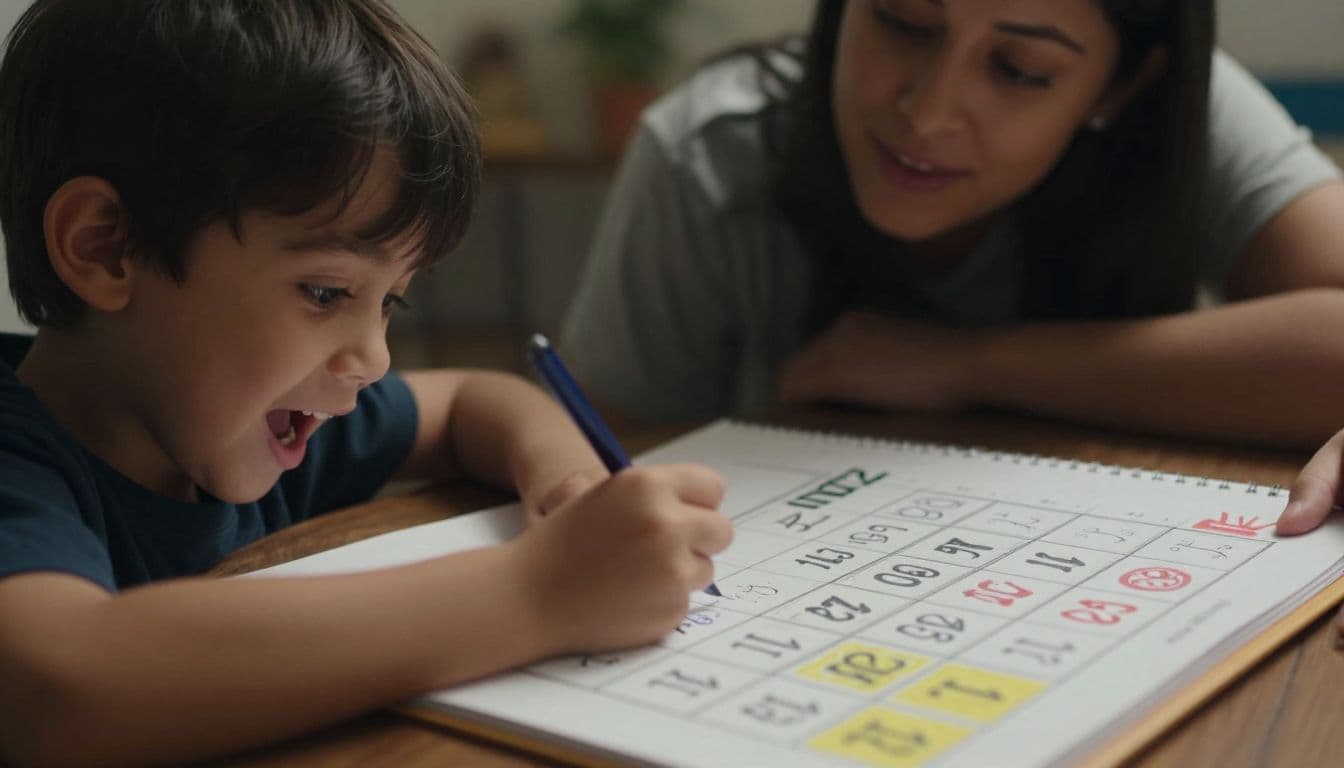 A focused young child colors a hand-drawn paper calendar with vibrant markers while a parent leans in nearby. Warm ambient light highlights the joyful interaction between the child and guardian.