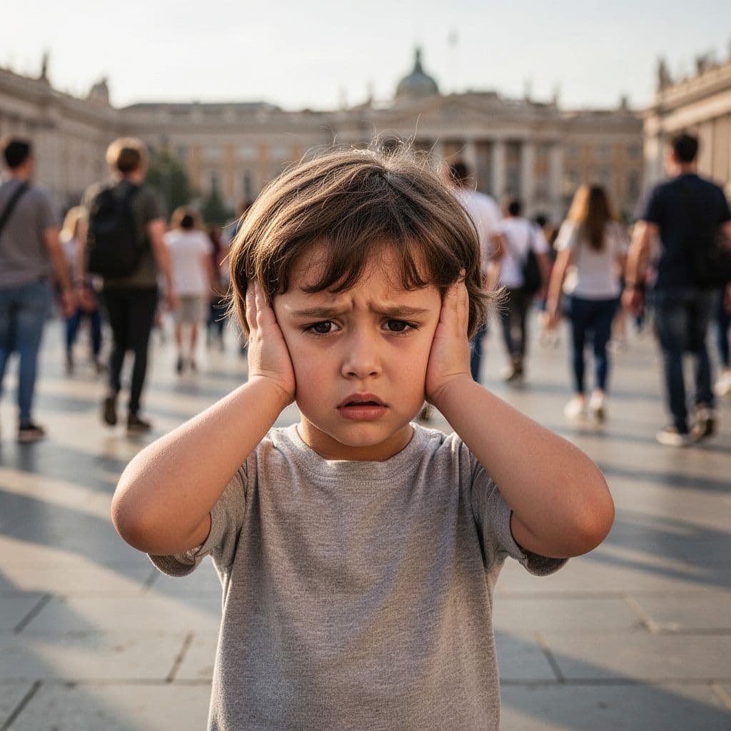 A young child stands in a blurred, busy environment while covering their ears with both hands.