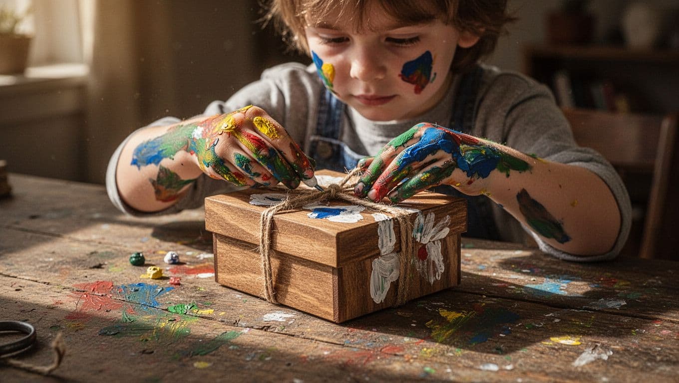 A young child with paint-stained hands carefully adds decorative details to a wooden gift. The warm, cinematic lighting highlights the messy craft supplies spread across the rustic workshop table surface.